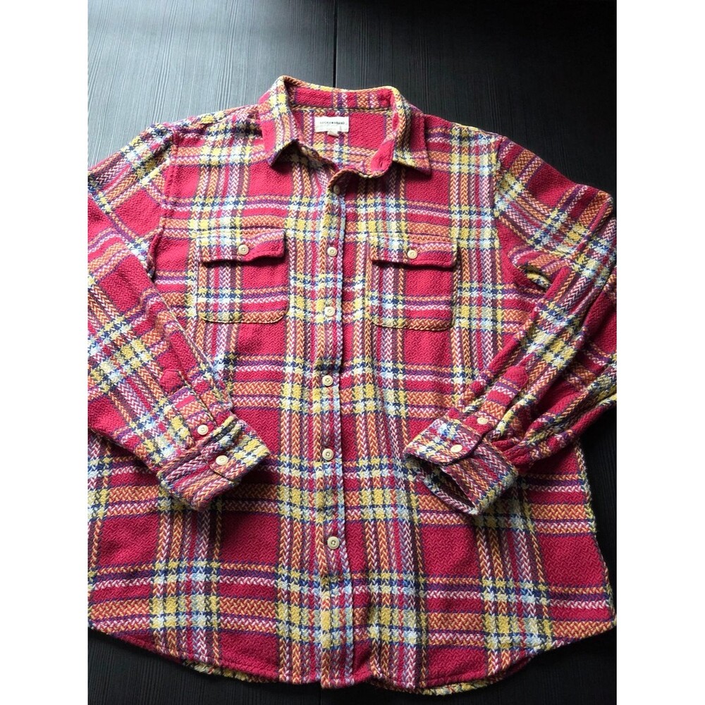 Lucky Brand Mens Knitted Shirt Jacket Long Sleeve Button Red Yellow Size Large
